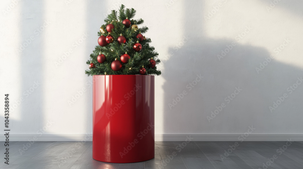 A red cylinder stand with a modern green Christmas tree and ornaments. Perfect for showcasing products during the holiday season. A red cylinder stand with a modern green Christmas tree and ornaments. Perfect for showcasing products during the holiday season.