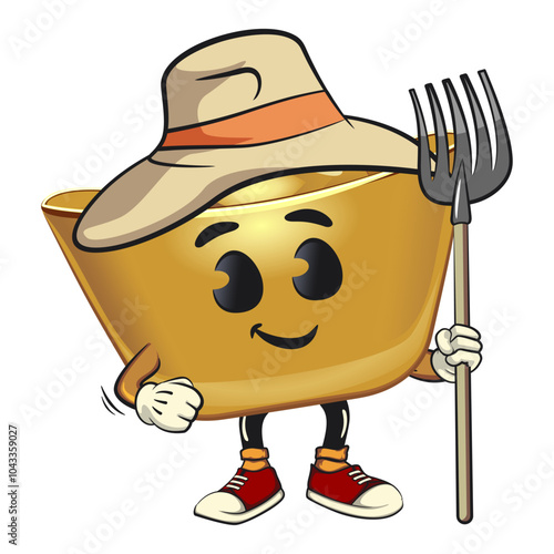 chinese Imperial golden ingot gold money isolated vector cartoon illustration as farmer in hat with his fork, work of hand drawn