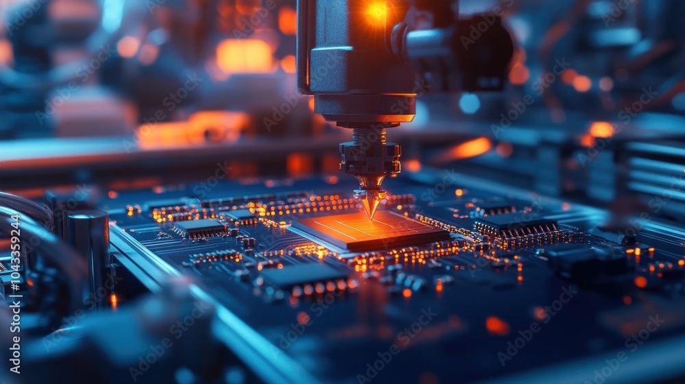 A close-up of a circuit board being laser-etched in a high-tech manufacturing environment. A close-up of a circuit board being laser-etched in a high-tech manufacturing environment.