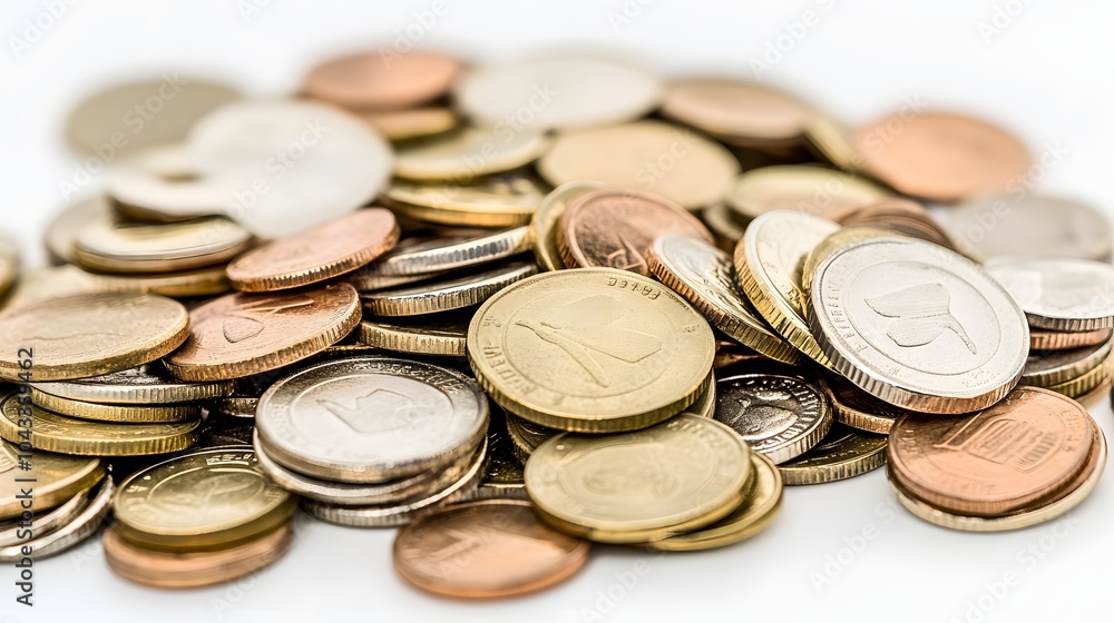 A pile of shiny coins of different denominations, some are silver and others copper. A pile of shiny coins of different denominations, some are silver and others copper.