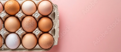 Photo of eggs in a carton on a pastel background, top view. photo