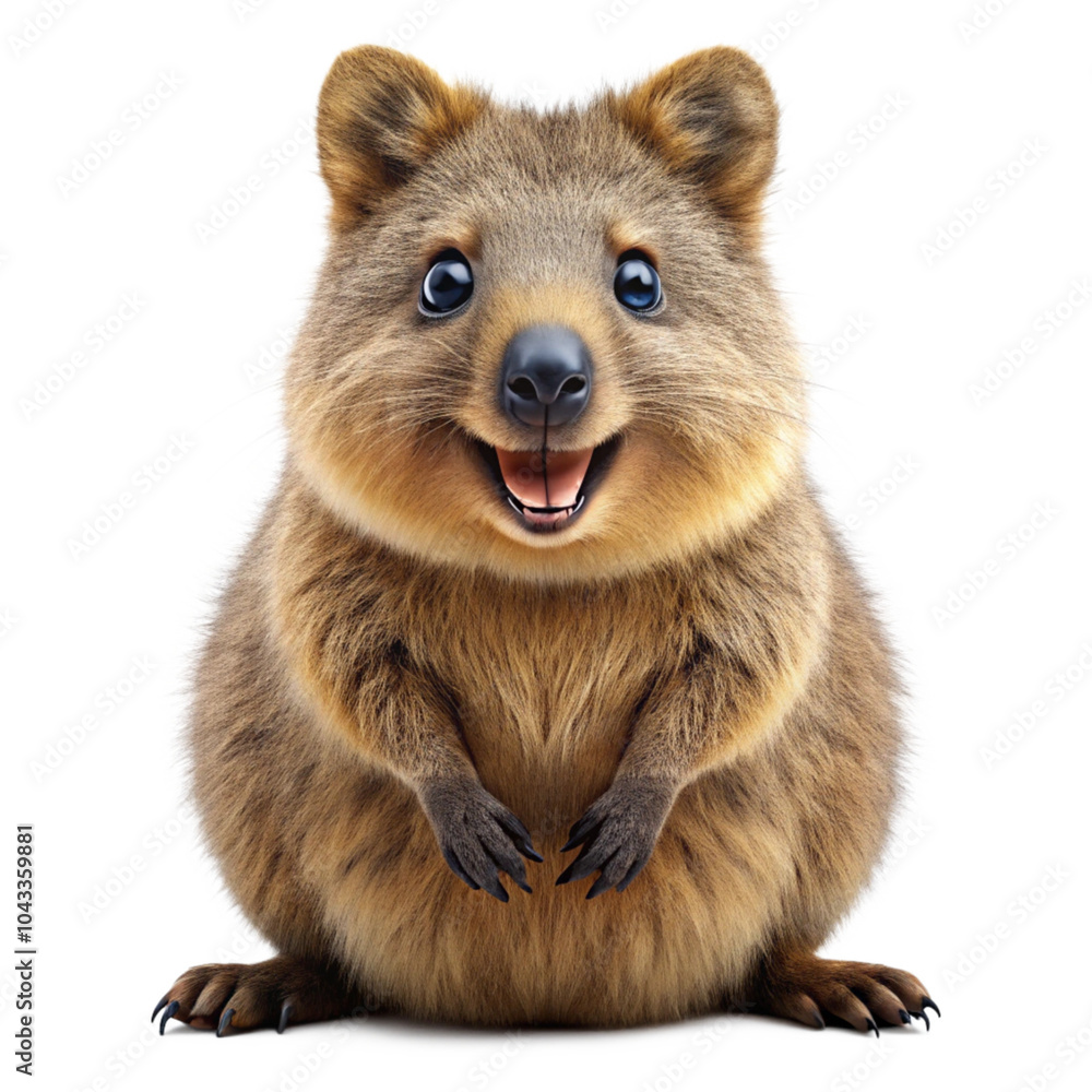 A happy quokka with a wide smile, posing cutely with its paws on its belly against a clean white background.
A happy quokka with a wide smile, posing cutely with its paws on its belly against a clean white background.
