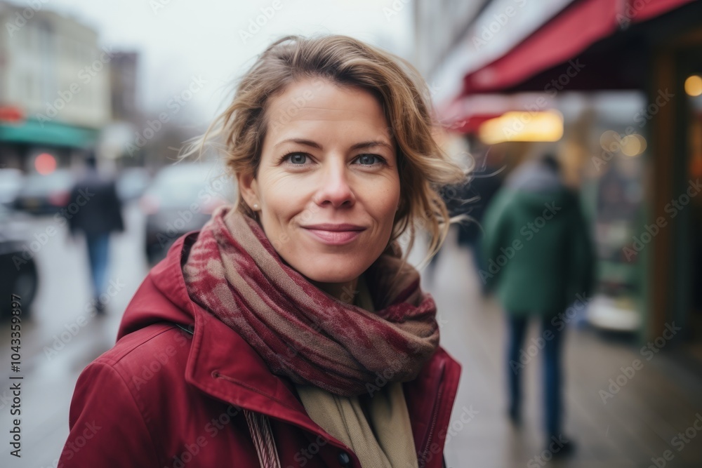 Portrait of a beautiful middle-aged woman in a red coat on the street Portrait of a beautiful middle-aged woman in a red coat on the street