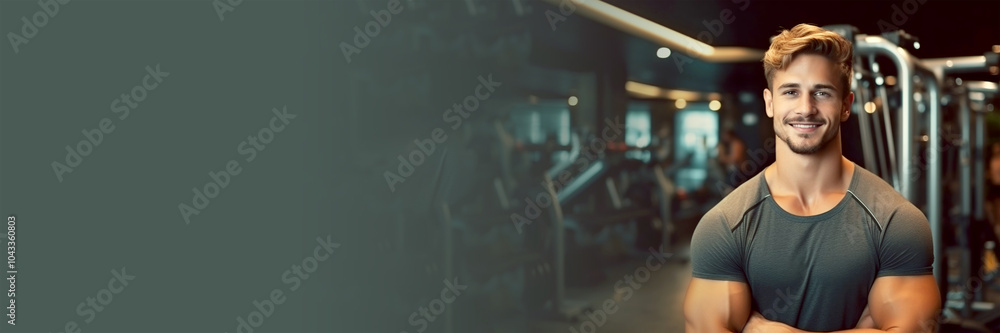Fototapeta premium Attractive muscular man in sportswear stands against the backdrop of a gym and exercise equipment. Personal trainer in a sports club smiles and looks at the camera. Banner with free space for text
