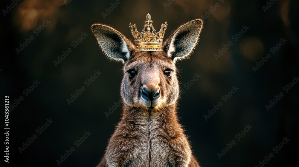 Fototapeta premium Portrait of a kangaroo wearing a crown, velvet studio backdrop, luxurious, soft lighting, professional photography, copy space, wildlife, agile, royalty, outback.