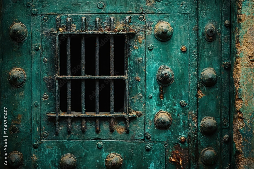 A close-up of a heavy iron door, with a small, barred window, slightly open to reveal darkness, symbolizing confinement and uncertainty. A close-up of a heavy iron door, with a small, barred window, slightly open to reveal darkness, symbolizing confinement and uncertainty.