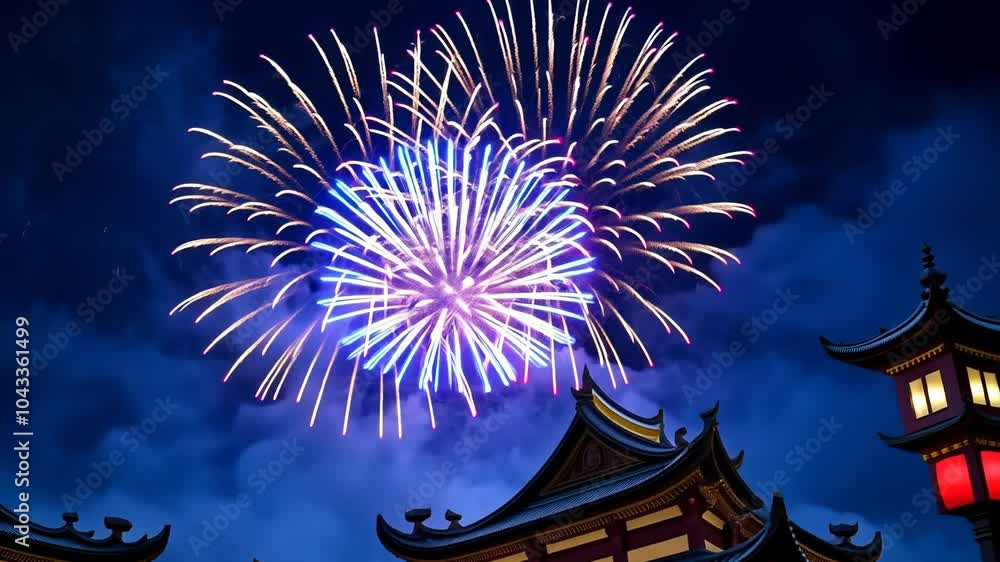 Vibrant fireworks illuminate the night sky over traditional Japanese ...