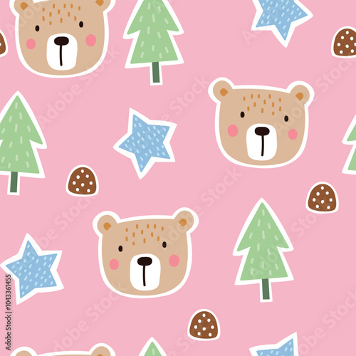 Seamless pattern featuring hand-drawn teddy bear faces, pine trees, stars, and acorns on a pastel pink background. Perfect for baby nursery decor, kids' apparel, fabric printing, wrapping paper