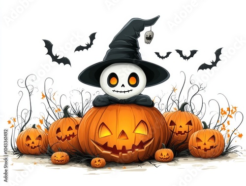 Halloween Cartoon Character with Pumpkins and Bats