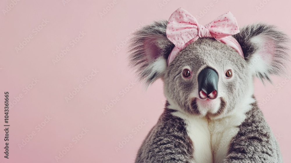 Portrait of a playful koala wearing a quirky headband, on a pale pink studio backdrop with gentle shadows giving a fun, relaxed vibe, copy space. Portrait of a playful koala wearing a quirky headband, on a pale pink studio backdrop with gentle shadows giving a fun, relaxed vibe, copy space.