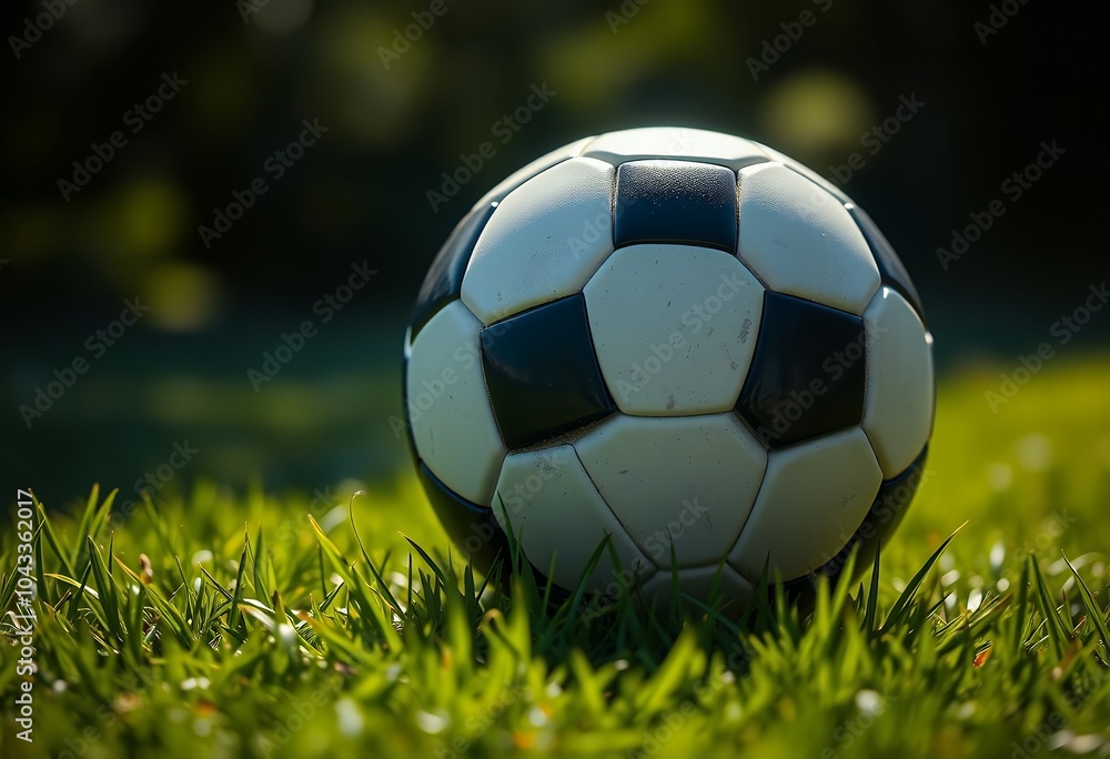 Fototapeta premium Soccer Ball on Green Grass Sports Equipment Football Game Soccer Field Close Up