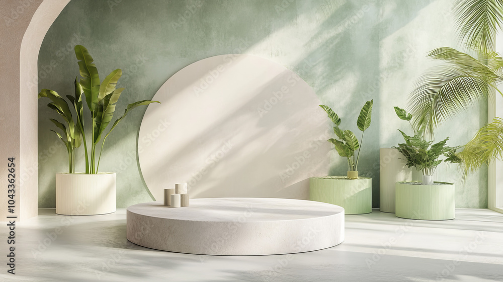 A simple, pastel-colored room with a round, green and white pedestal perfect for displaying products. It's a clean, modern design that lets your product stand out. A simple, pastel-colored room with a round, green and white pedestal perfect for displaying products. It's a clean, modern design that lets your product stand out.