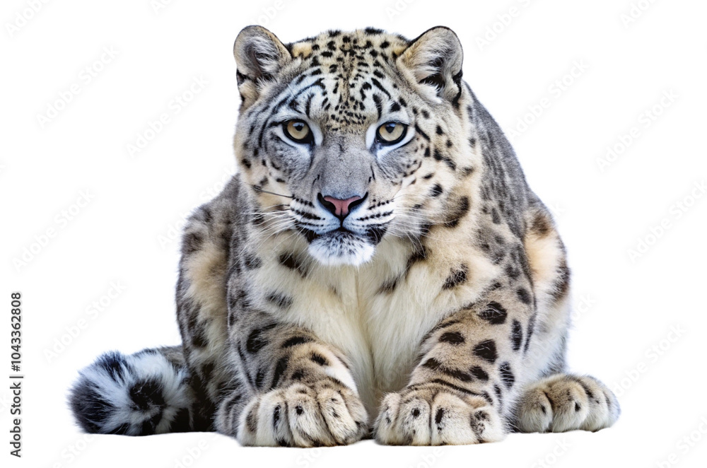 Fototapeta premium A snow leopard crouching, with its stunning coat and piercing eyes, set against a simple white backdrop.