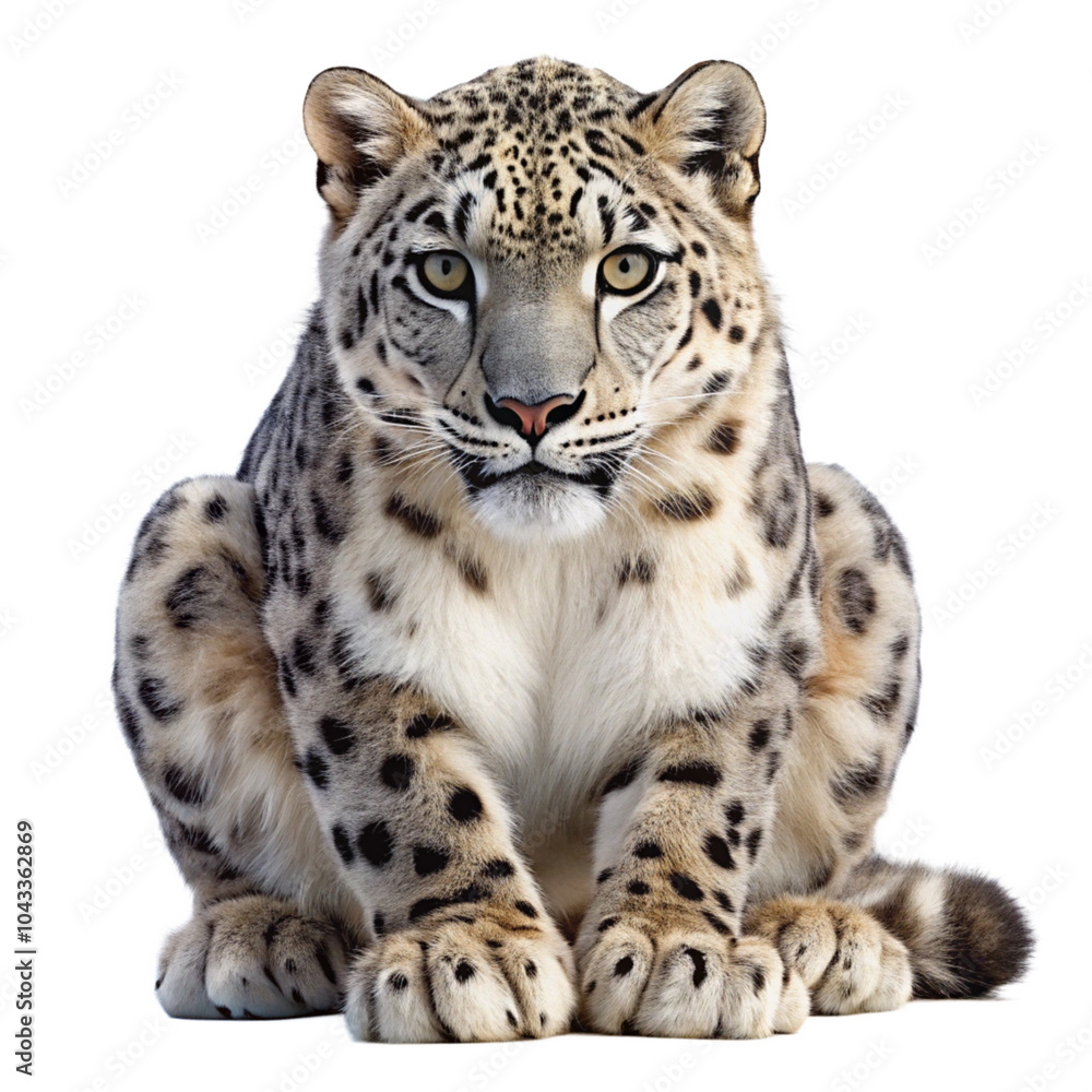A snow leopard crouching, with its stunning coat and piercing eyes, set against a simple white backdrop.
A snow leopard crouching, with its stunning coat and piercing eyes, set against a simple white backdrop.