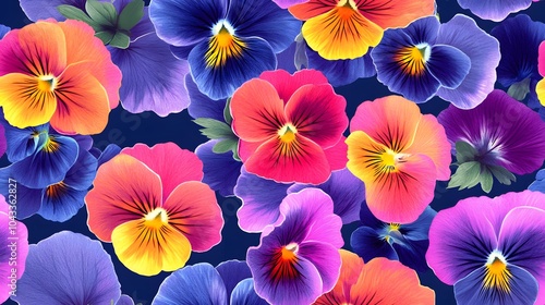 A vibrant arrangement of colorful pansy flowers against a deep blue background, showcasing their rich hues and unique patterns.