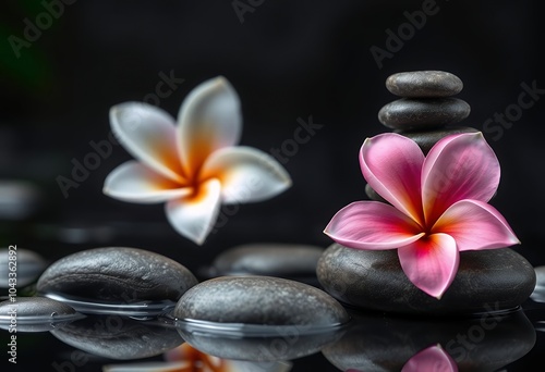 Zen Spa Stones with Pink and White Plumeria Flowers