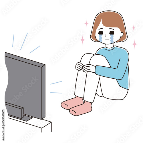 三角座りで真剣にテレビを観て感動の涙を流す女性のイラスト	
