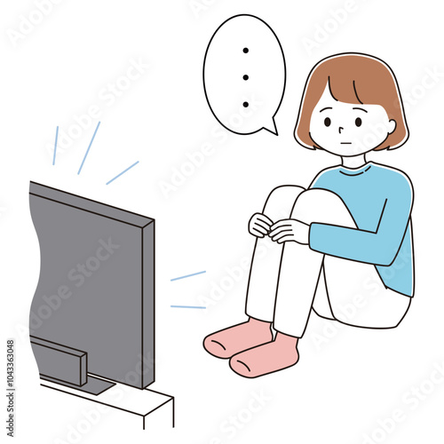三角座りでぼーっとテレビを観る女性のイラスト	
