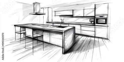 Hand-Drawn Pencil Sketch of Elegant Kitchen Interior Design