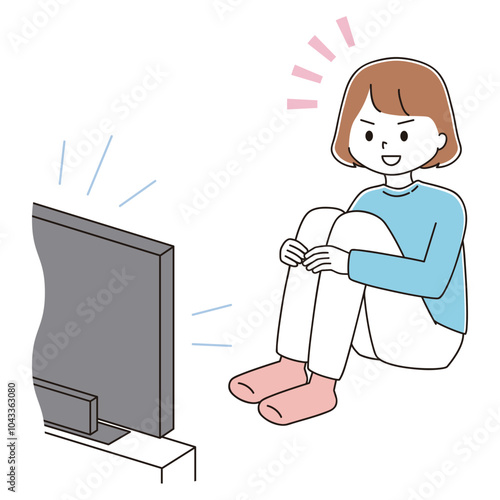 三角座りで真剣にテレビを観る女性のイラスト