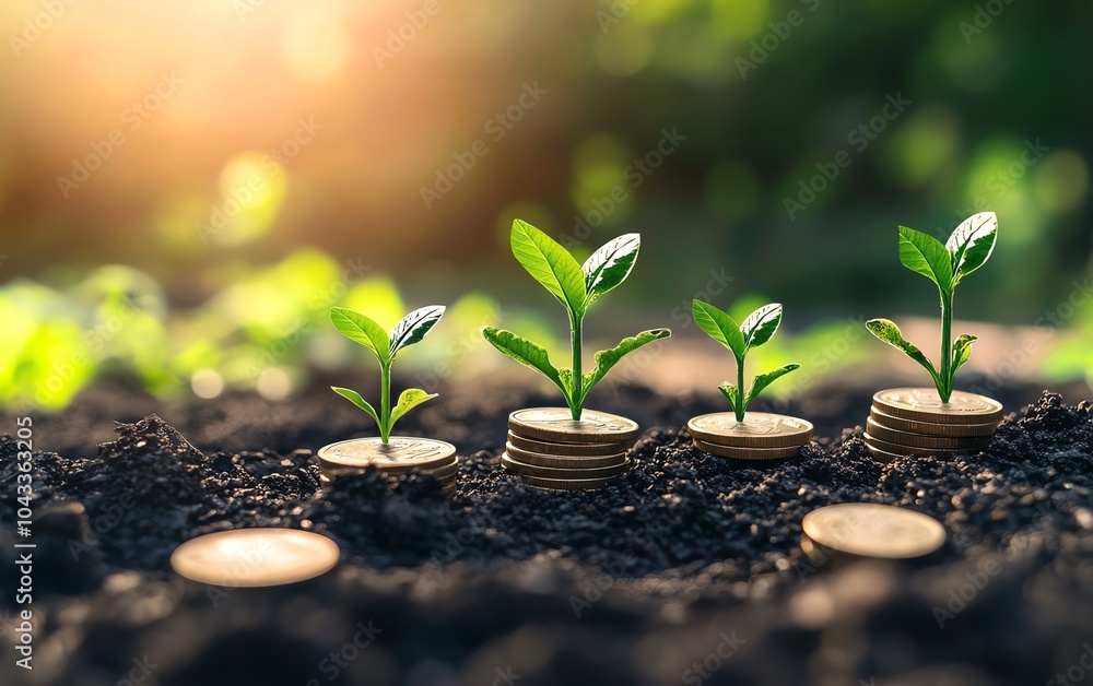 Closeup of coins sprouting plants, with upward arrows, representing financial growth, investment success, and prosperity Closeup of coins sprouting plants, with upward arrows, representing financial growth, investment success, and prosperity