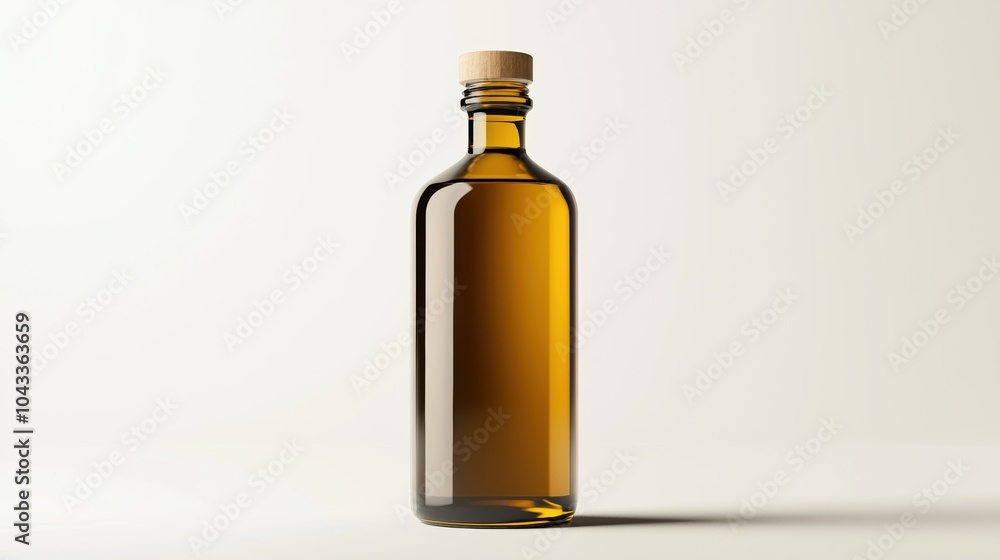 A bottle of oil is sitting on a white background A bottle of oil is sitting on a white background