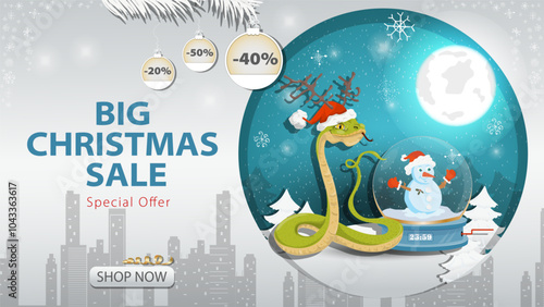 Banner special offer big Christmas sale A snake in a Santa hat next to a glass ball on the background of the night sky