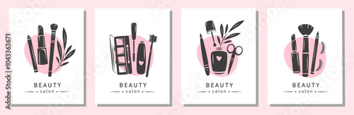 Set of elements and icons for beauty salon. Nail polish, nail brush, makeup tools, cosmetic brushes, lipstick, eyelash extension, brows. Vector illustrations for banner, cover, marketing.
