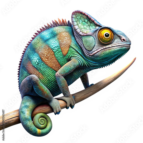 A colorful chameleon perched on a branch, displaying its vivid scales and curious expression against a clean white backdrop.
