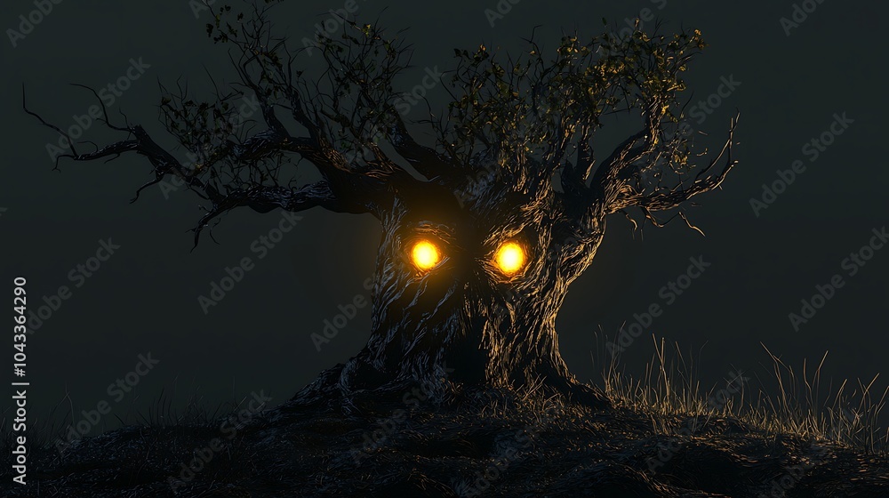 Fototapeta premium Gnarled Old Tree with Glowing Eyes at Night