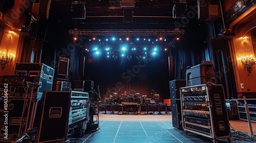 A wide-angle shot of a concert stage with an elaborate sound setup, showcasing the equipment before the show starts. 