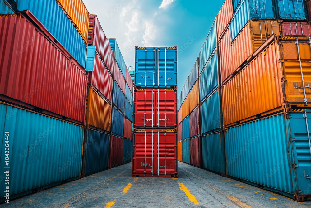 Fototapeta premium Industrial cargo containers are stacked high at a busy port terminal