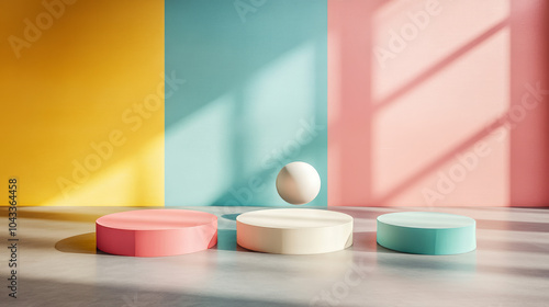 Three colorful podiums float in a minimalist studio. A bouncing ball adds movement. These platforms are perfect for showcasing products in a stylish and modern way.