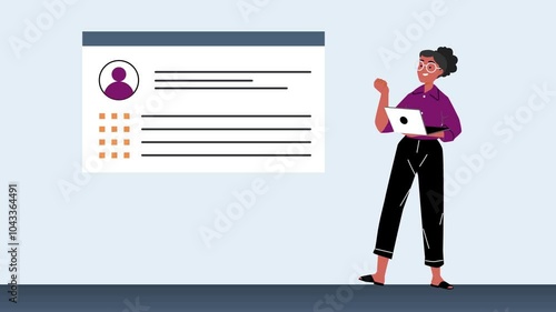 Employee in workflow. Moving banner with female office worker performing tasks on laptop while sitting at desk. Character works remotely. Freelancer completing project. Cartoon flat animated graphics
