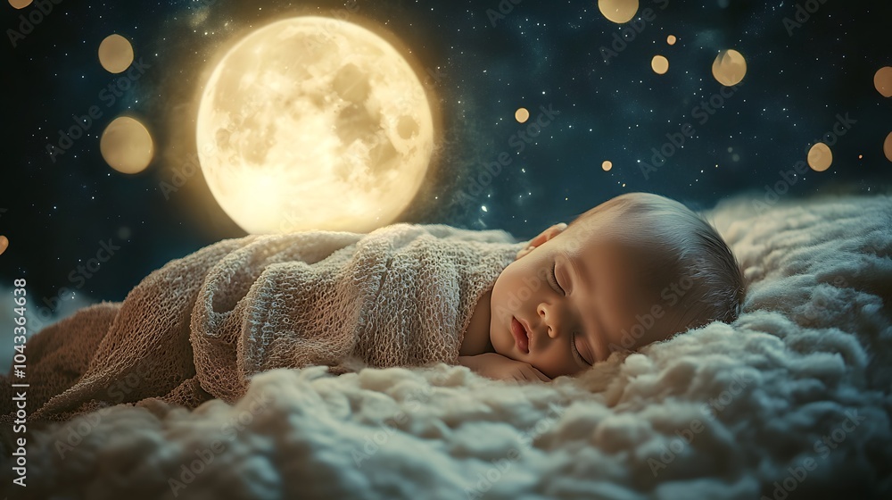 A serene sleeping baby on a fluffy cloud, illuminated by a glowing full moon and surrounded by twinkling stars in a dreamy night sky. A serene sleeping baby on a fluffy cloud, illuminated by a glowing full moon and surrounded by twinkling stars in a dreamy night sky.