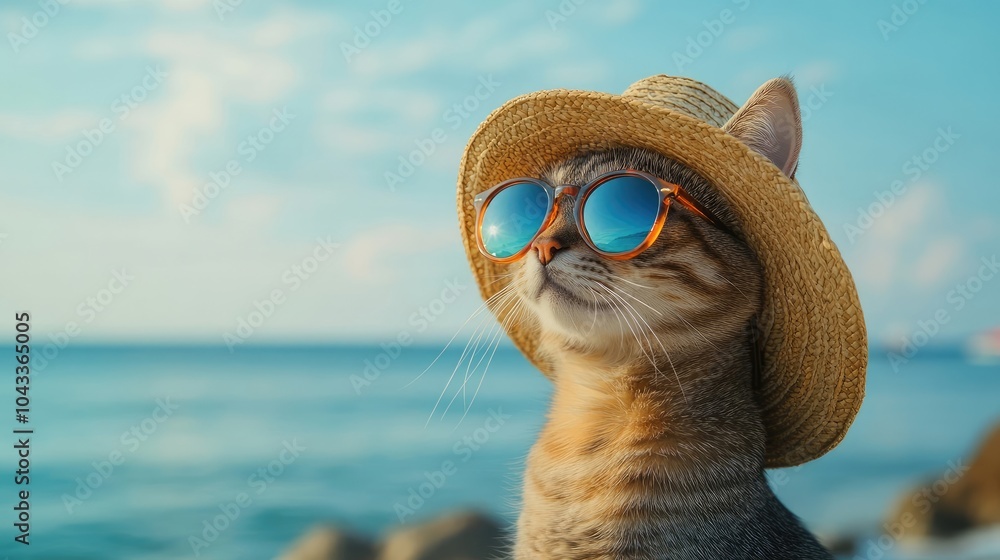 Obraz premium Portrait of a cute cat wearing sunglasses and a straw hat on the beach, with a blue sea in the background