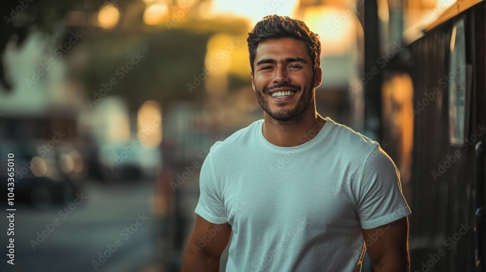 A happy Hispanic man wearing a white T-shirt and green jeans, walking on the street. A happy Hispanic man wearing a white T-shirt and green jeans, walking on the street.