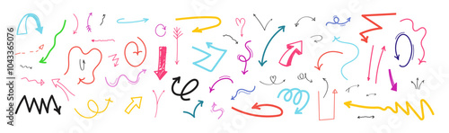Big set of various hand drawn vector design freehand arrows doodle on transparent background. Collection of colorful brush drawn arrows. Template element childish naive doodle vector illustration.