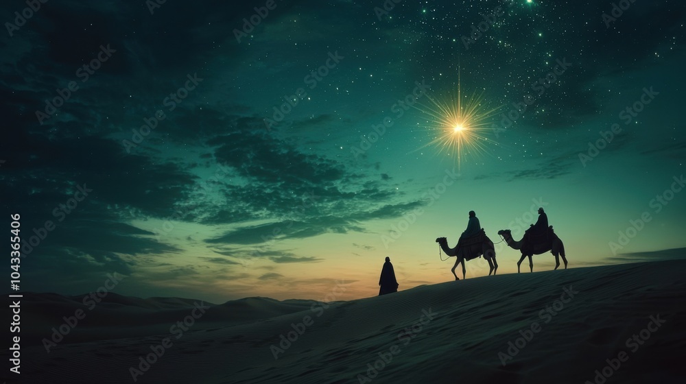 Fototapeta premium Christmas Jesus birth concept - Adoration of the Magi, Three Wise Men, Three Kings, and the Three biblical Magi with camel silhouettes journeying in sand dunes of desert follow Bethlehem star at night