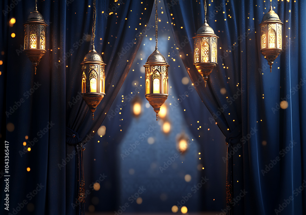 Obraz premium 3D Ultra-Realistic Epic Background of the Ramadan Islamic Festival Featuring Hanging Lanterns, Golden Lights, and Navy Blue Curtains, Perfect for Celebrating the Spirit of the Season