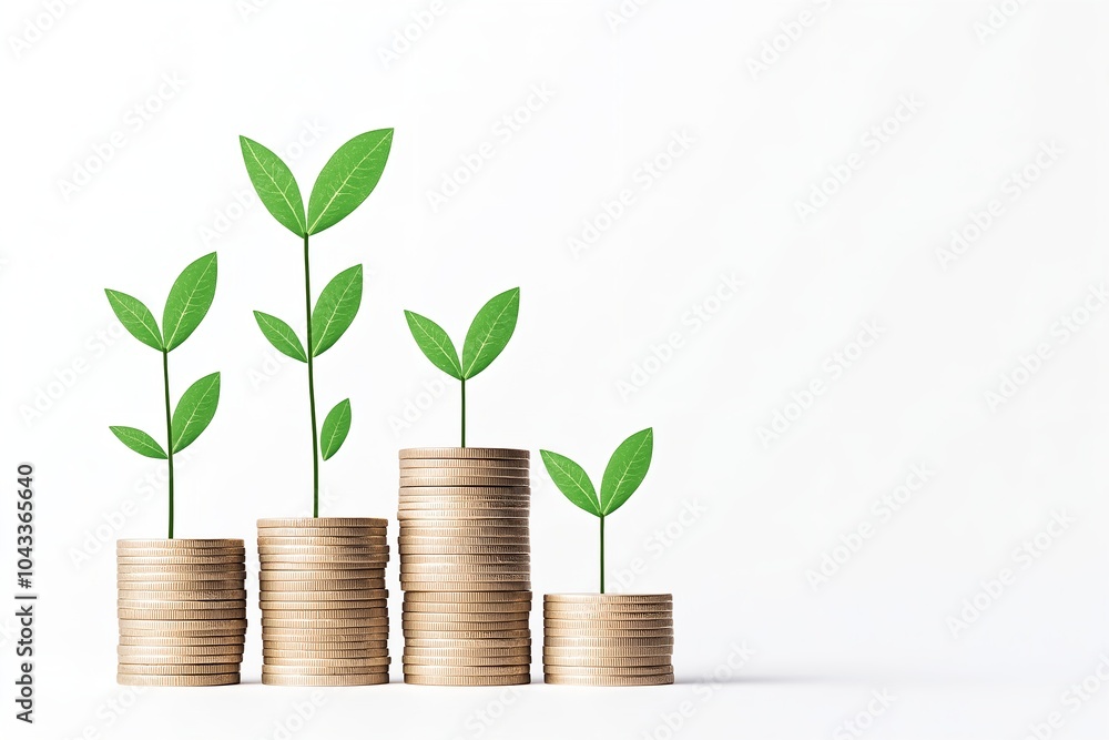 Stacked Coins in the Shape of a Bar Chart, With Plants Sprouting From Each Bar, Representing Upward Financial Growth Stacked Coins in the Shape of a Bar Chart, With Plants Sprouting From Each Bar, Representing Upward Financial Growth