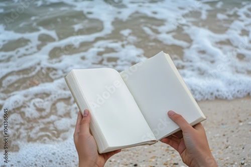 Exploring the Tranquility of an Unwritten Story A Hand Holding a Blank Book by the Ocean's Edge