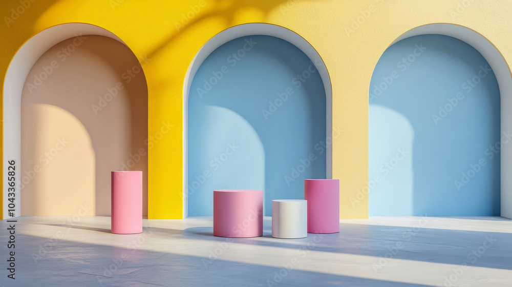 A simple, stylish scene with a curved wall and colorful cylinder podiums in yellow, blue, pink, and white. Perfect for showcasing products in a modern, minimalist way. A simple, stylish scene with a curved wall and colorful cylinder podiums in yellow, blue, pink, and white. Perfect for showcasing products in a modern, minimalist way.