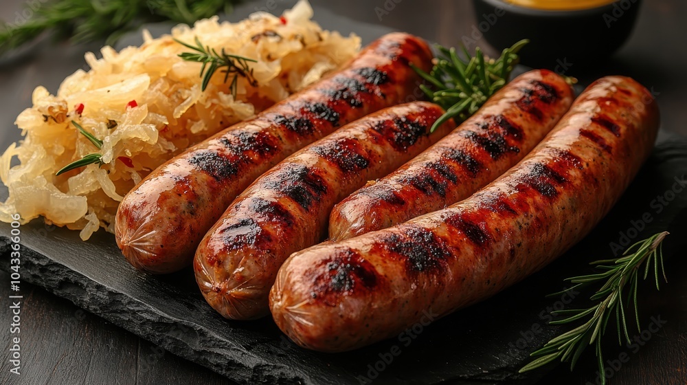 Grilled sausages with sauerkraut on a rustic plate Grilled sausages with sauerkraut on a rustic plate