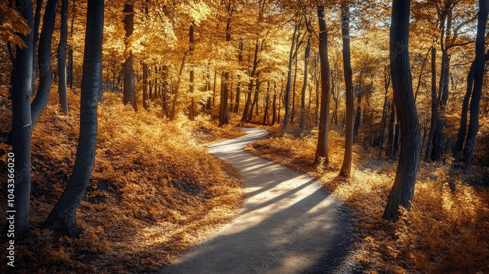 Obraz premium A picturesque pathway winding through a forest filled with golden foliage, with sunlight filtering through the trees, casting soft shadows on the ground. 