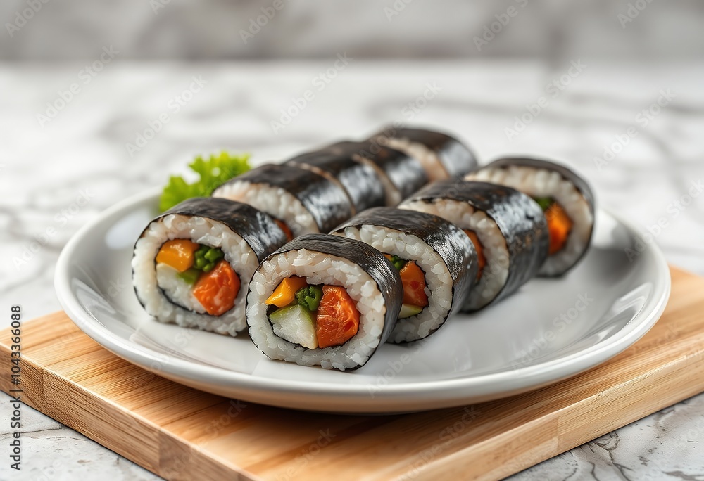 Delicious Veggie Sushi Rolls on White Plate with Wooden Cutting Board Delicious Veggie Sushi Rolls on White Plate with Wooden Cutting Board