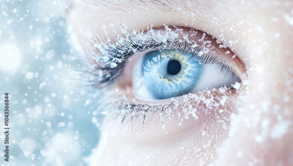 Close-up of Eye with Snowflakes on Eyelashes, Symbolizing Winter and Cold Weather Close-up of Eye with Snowflakes on Eyelashes, Symbolizing Winter and Cold Weather