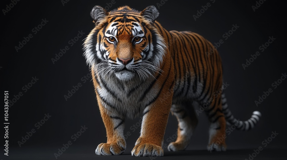 Obraz premium Studio lighting illuminates the muscular frame of a majestic tiger, whose intense gaze captures the viewer's attention.
