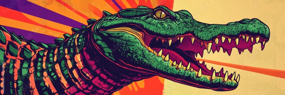 A fierce Pop art style alligator with exaggerated scales and a colorful, retro backdrop A fierce Pop art style alligator with exaggerated scales and a colorful, retro backdrop
