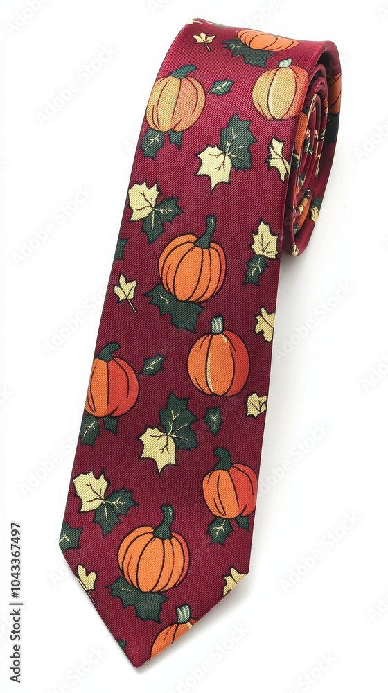 A stylish tie with a pumpkin and leaf pattern on a maroon background, perfect for autumn occasions. A stylish tie with a pumpkin and leaf pattern on a maroon background, perfect for autumn occasions.